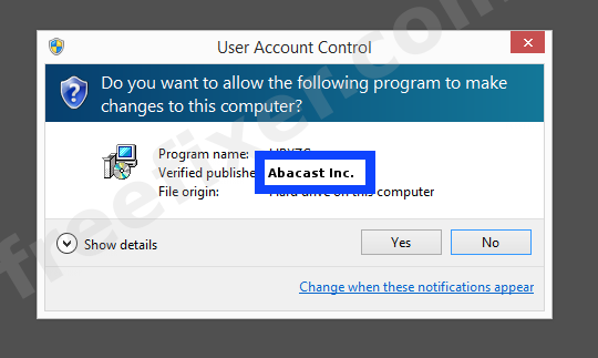 Screenshot where Abacast Inc. appears as the verified publisher in the UAC dialog